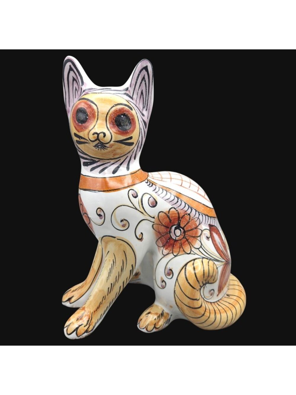 Large Vintage Tonala Mexican Folk Art Ceramic Cat Figurine 10.5" Pottery